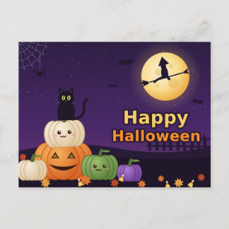 Happy Halloween Black Cat Pumpkins Witch Moon Post Vykort
