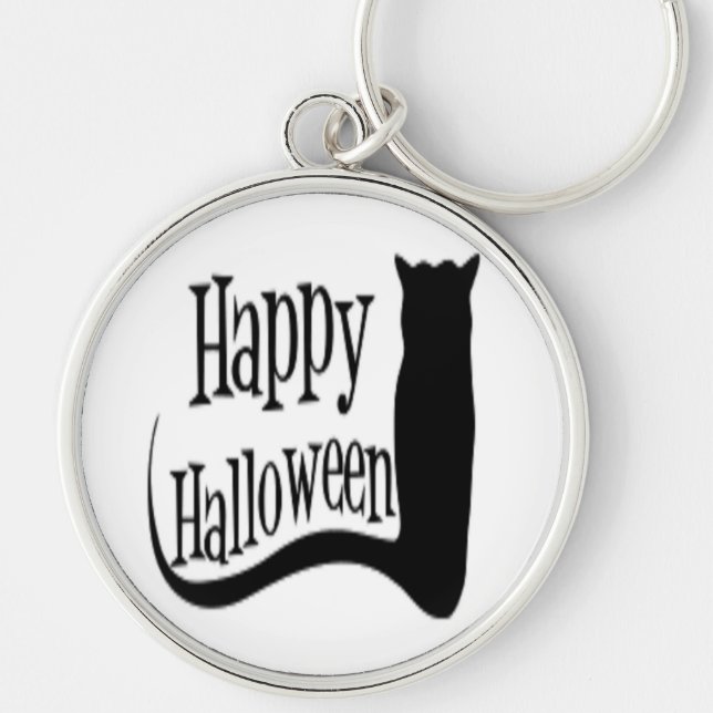 ’HAPPY HALLOWEEN’ BLACK CAT RUND SILVERFÄRGAD NYCKELRING (Framsidan)