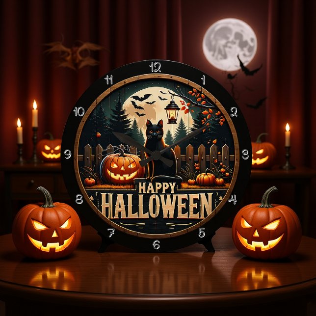 Happy halloween Black Cat Scene Stor Klocka (Skapare uppladdad)