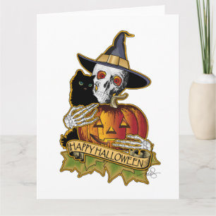Happy halloween Black Cat, Skull och Pumpkin Kort