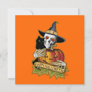Happy halloween Black Cat, Skull och Pumpkin Kort