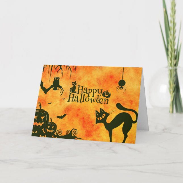 Happy halloween Black cat, uggla, pumpor Kort (Framsida)