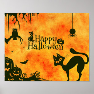 Happy halloween Black cat, uggla, pumpor Poster