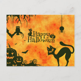 Happy halloween Black cat, uggla, pumpor Vykort