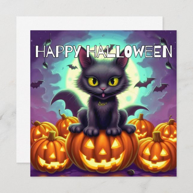 Happy halloween Black Fladdermus Cat Kort (Fram/baksida)