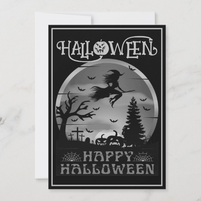 Happy halloween Black Grått Witch Broom Cemetery Inbjudningar (Framsida)