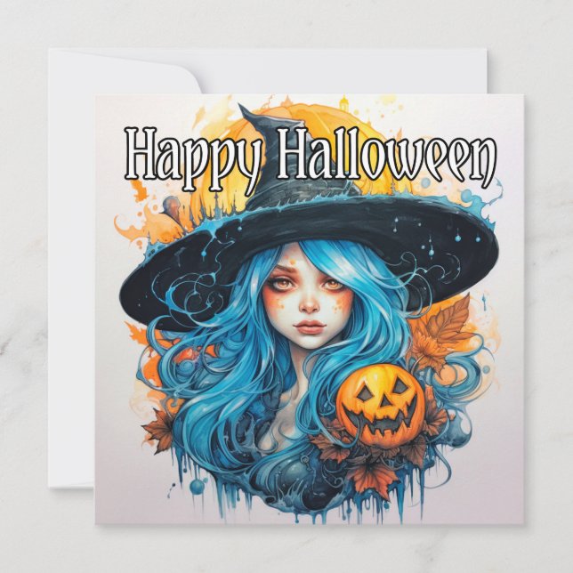 Happy halloween | Blåfärgat Witch Kort (Framsida)