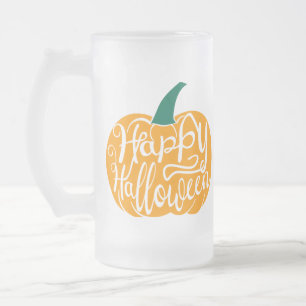 Happy halloween-bokstäver på karvpumpa frostat ölglas