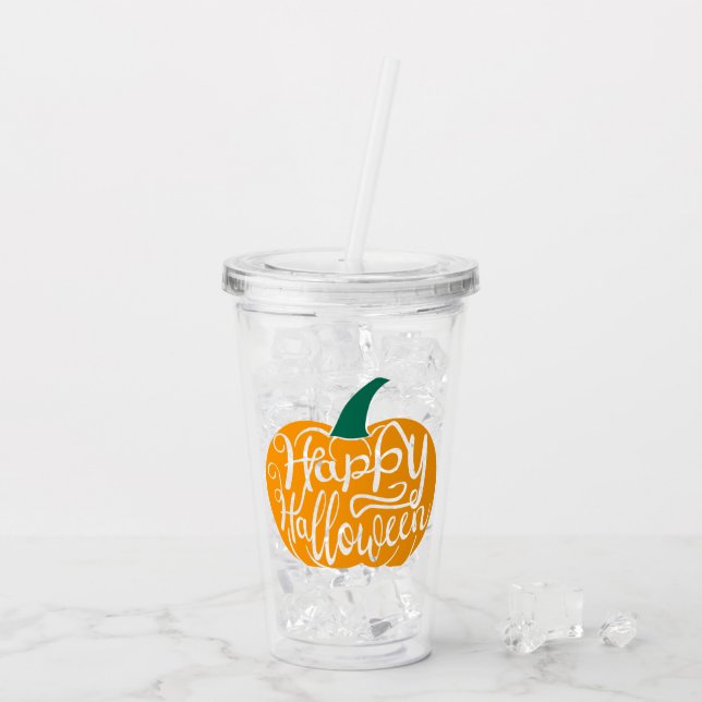 Happy halloween-bokstäver på karvpumpa take away mugg (Baksida Ice)