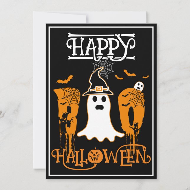 HAPPY HALLOWEEN BOO WHITE GHOST SCARY PARTY INBJUDNINGAR (Framsida)