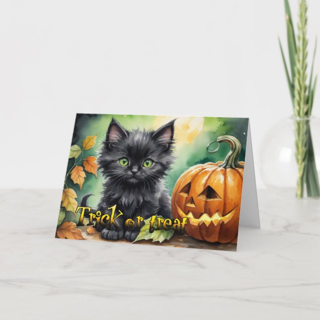 Happy halloween bus eller godis kattunge helgkort (Framsida)