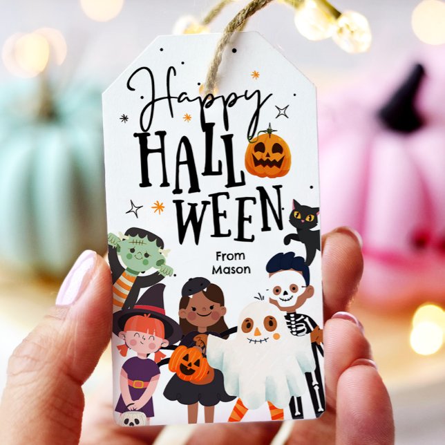 Happy halloween Bus eller godis Kids Ghost Birthda Presentetikett (Skapare uppladdad)