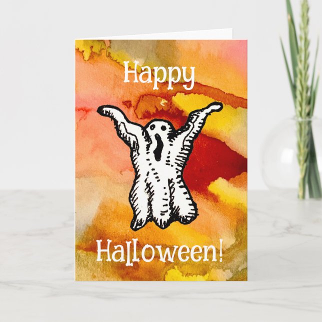 Happy Halloween Cartoon Ghost Doodle Greeting Card Kort (Framsida)