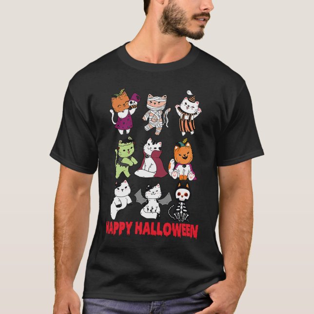 Happy Halloween Cat Characters Mummy Dracula Bat S T Shirt (Framsida)