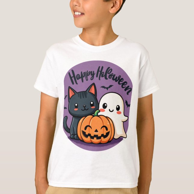 Happy halloween Cat, Ghost och Pumpkin T Shirt (Framsida)