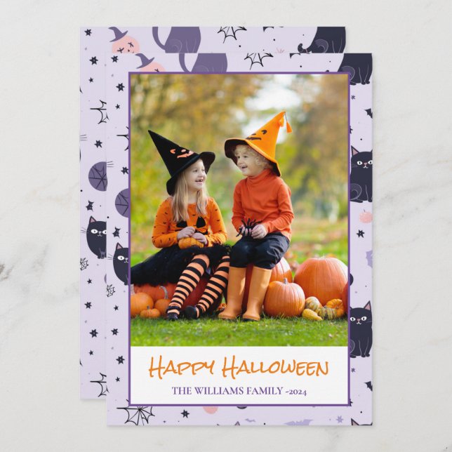 Happy halloween cat lila Photo Helgdag Card Kort (Fram/baksida)