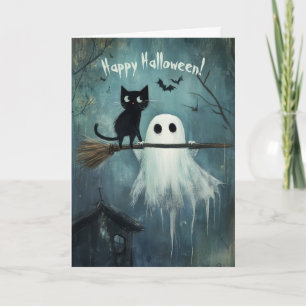 Happy halloween Cat och Ghost flyger med Broom Tack Kort