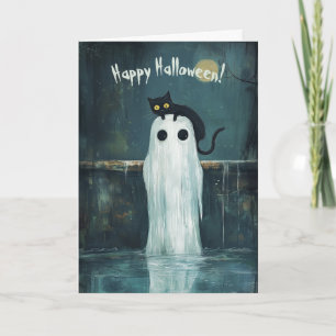 Happy halloween Cat och Ghost i Bassäng Tack Kort