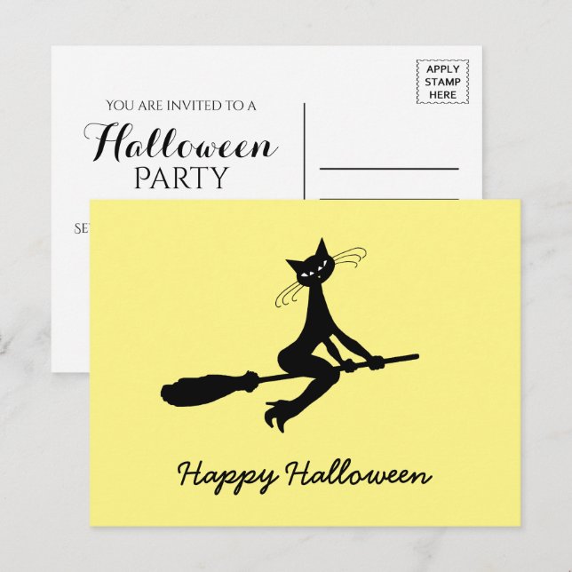Happy halloween, Cat on Broomstick-inbjudan Inbjudan Vykort (Fram/baksida)