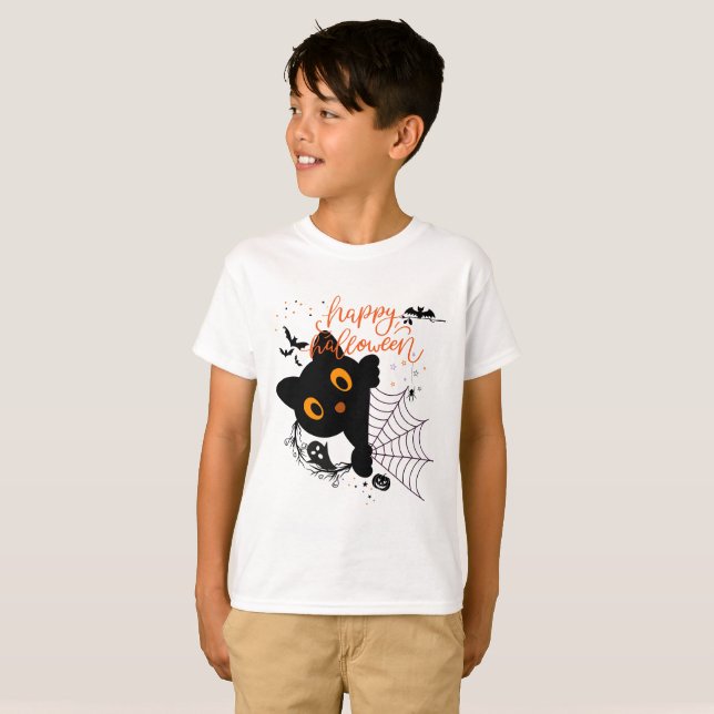 Happy Halloween Cat & Pumpkins T Shirt (Hel framsida)