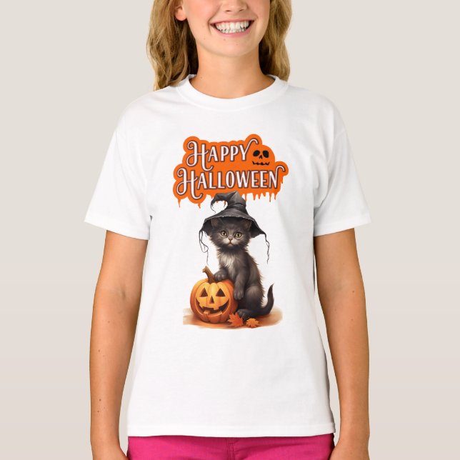 Happy Halloween Cat T-Shirt – Cute Black Cat Desig (Framsida)