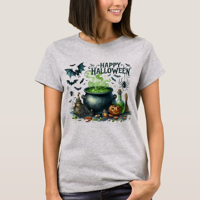 Happy halloween Cauldron Fladdermus Spider T Shirt (Framsida)