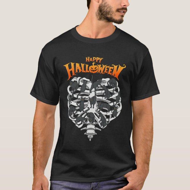 Happy Halloween Cool Black Cats Humor Skeleton T Shirt (Framsida)