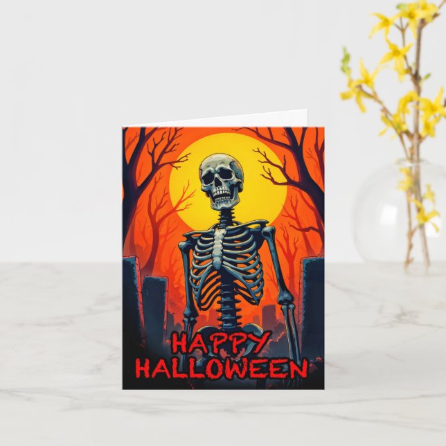 Happy halloween Creepy Cemetery Skeleton Kort (Gul blomma)