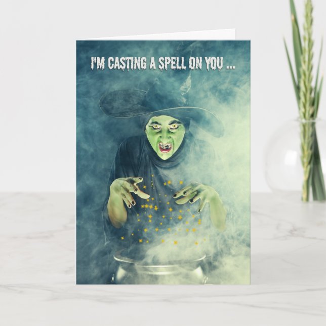 Happy Halloween Creepy Witch Casting Spell Helgkort (Framsida)