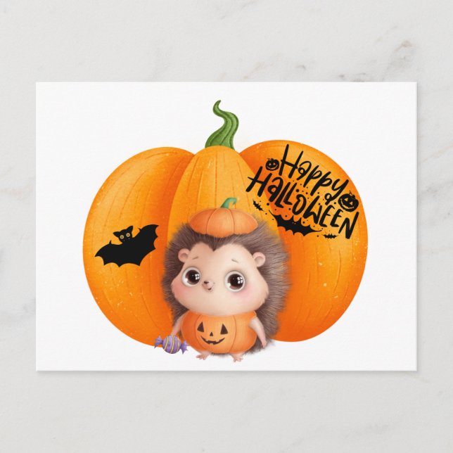 Happy halloween Cute Baby Hedgehog och Pumpkin Vykort (Framsida)