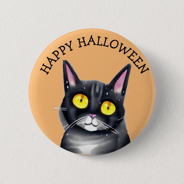 Happy halloween Cute Black Cat Gult Ögon Knapp (Framsida)