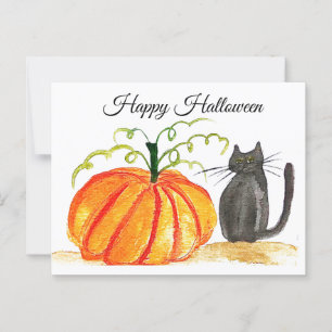 Happy halloween Cute Black Cat Orange Pumpkin Vykort