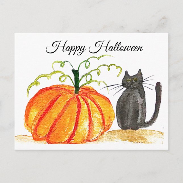 Happy halloween Cute Black Cat Orange Pumpkin Vykort (Framsida)