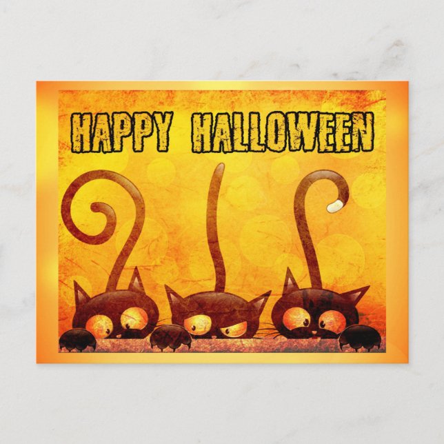 Happy halloween Cute Black Cat Orange Vykort (Framsida)