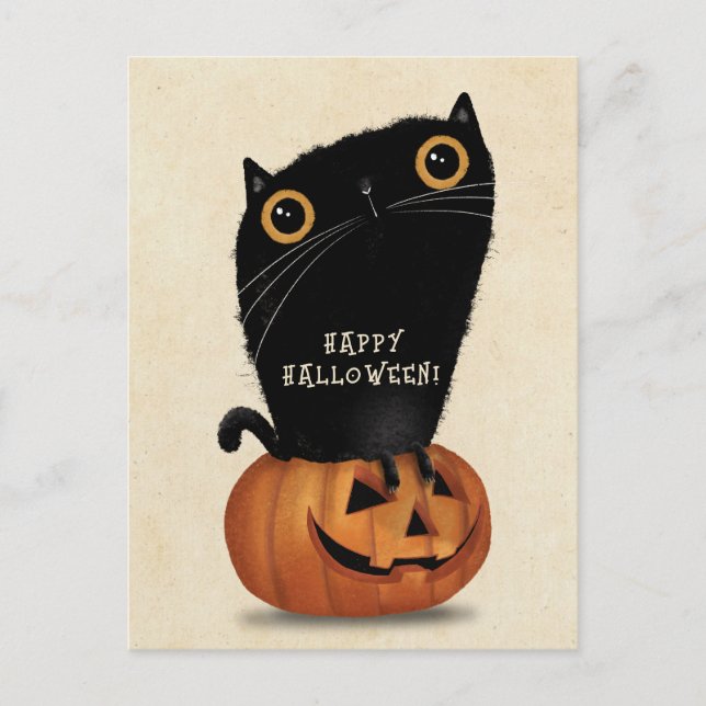 Happy halloween Cute Black Cat Pumpkin Vykort (Framsida)