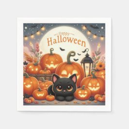 Happy halloween Cute Black Cat, Pumpkins Pappersservett