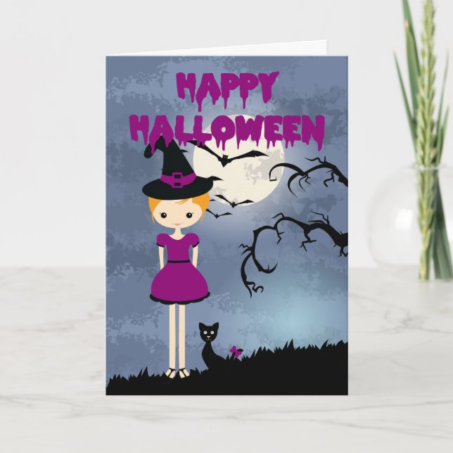 Happy halloween Cute Blonde Witch med svart katt Kort (Framsida)