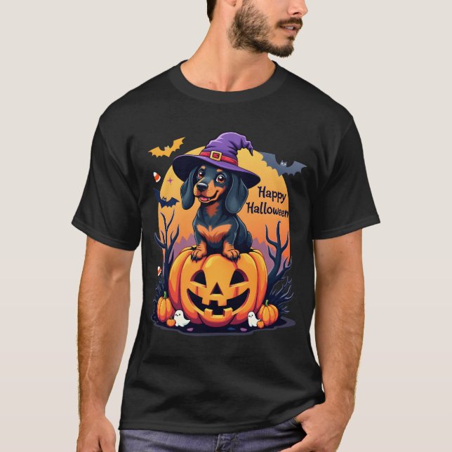 Happy halloween Cute Dachshund i Witch Hat T Shirt (Framsida)