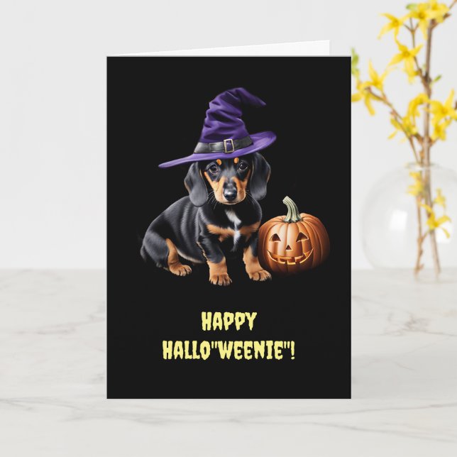 Happy halloween Cute Dachshund Puppy med grinning Kort (Gul blomma)