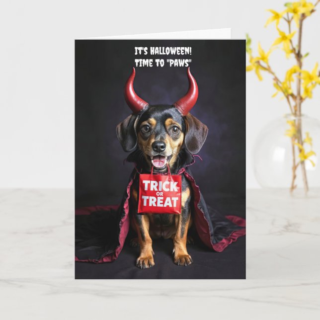 Happy halloween Cute Djävulen Hund Dachshund Kort (Gul blomma)