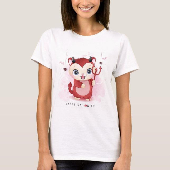 happy halloween Cute Djävulen Kattunge T Shirt (Framsida)