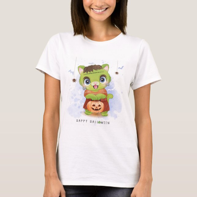 Happy halloween Cute Frankienkitty T Shirt (Framsida)