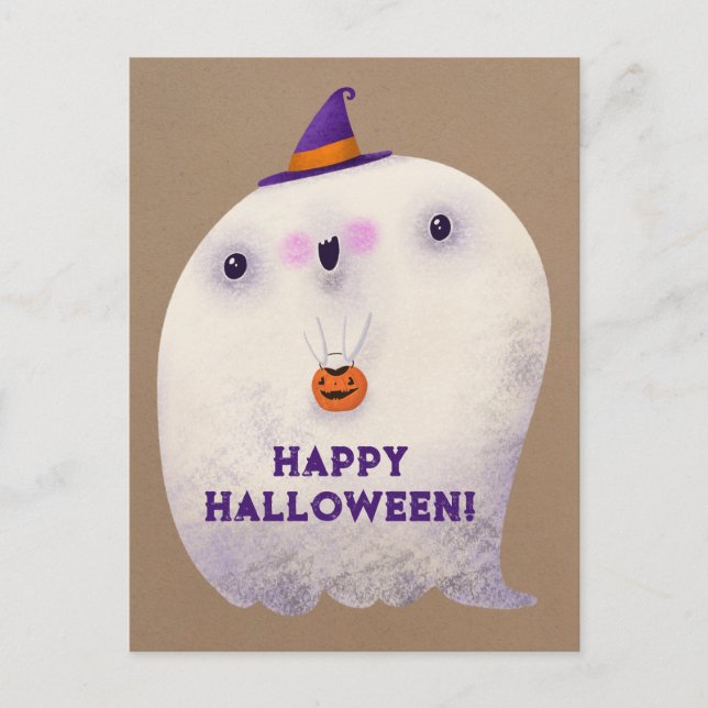 Happy halloween Cute Ghost Bus eller godis Vykort (Framsida)