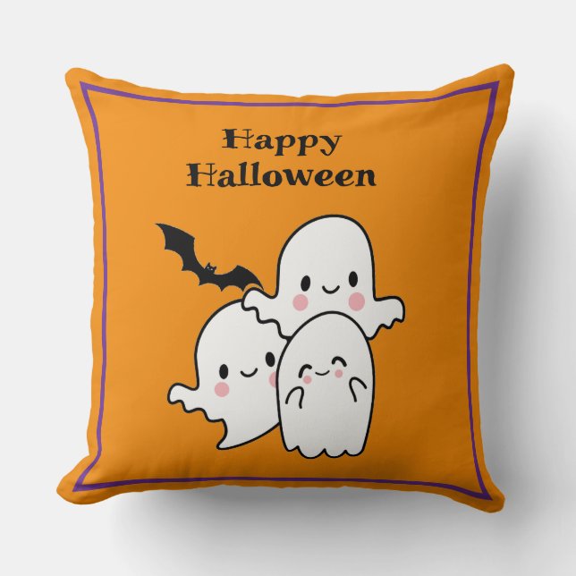 Happy halloween Cute Ghost Fladdermus Orange Lila  Kudde (Framsida)