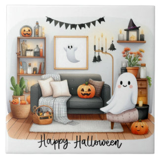 Happy halloween Cute Ghost i sitt hus Kakelplatta