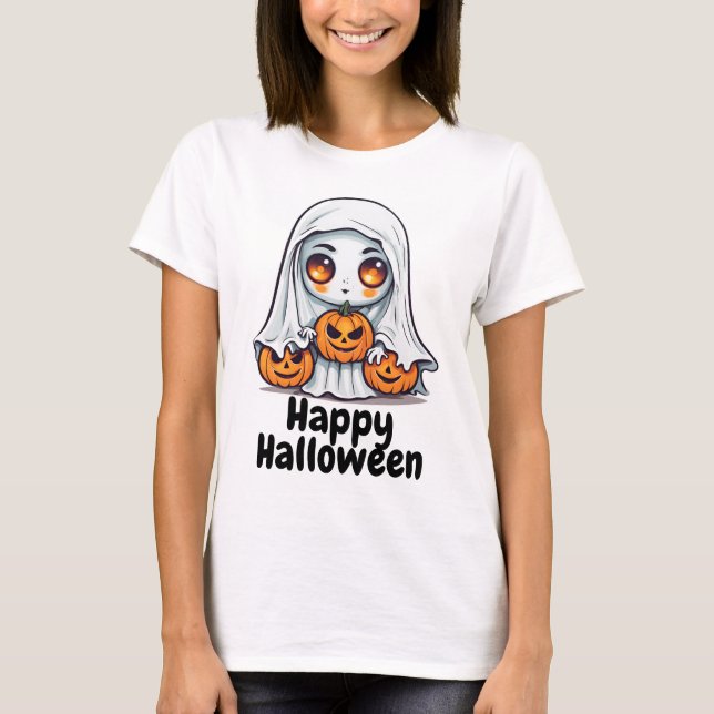Happy halloween Cute Ghost och Pumpkins T Shirt (Framsida)