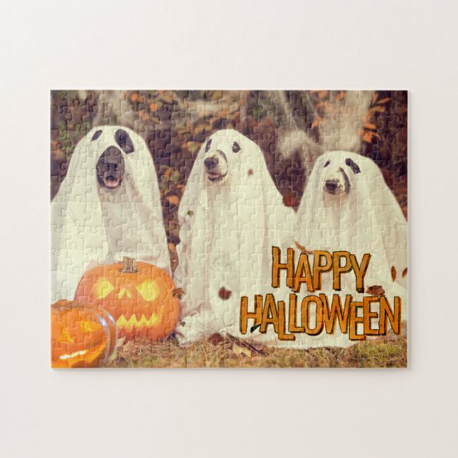 Happy halloween Cute Hundar i Ghost Costumes Pussel (Horisontell)