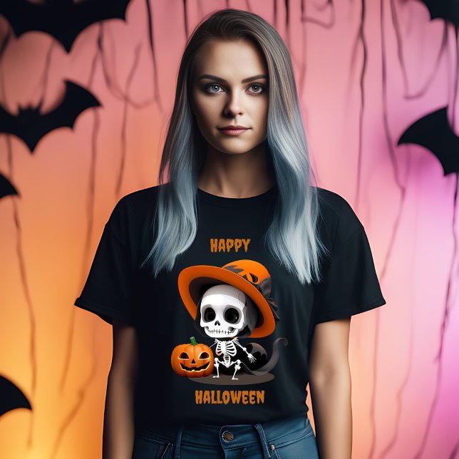 Happy halloween Cute Kawaii Skeleton & Pumpkin T Shirt (Skapare uppladdad)
