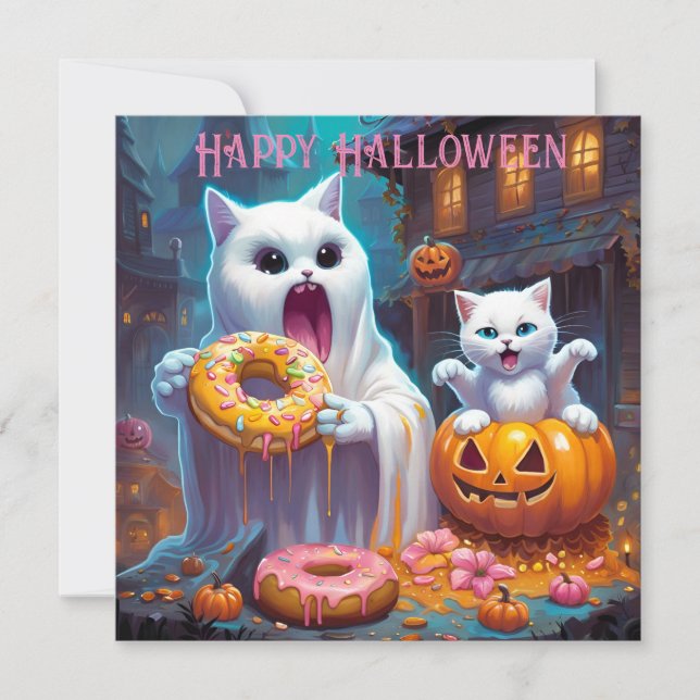 Happy halloween-Cute Kitten och Ghost eat Donuts (Framsida)