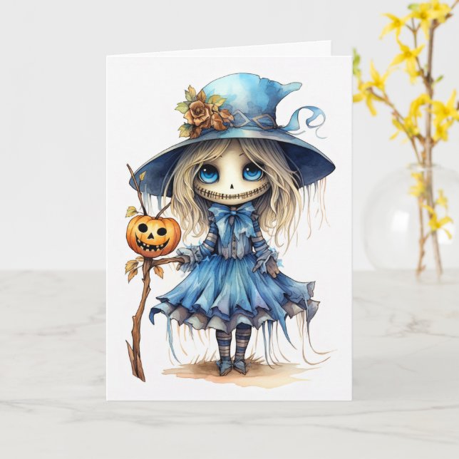 Happy halloween | Cute Little Doll Witch Kort (Gul blomma)